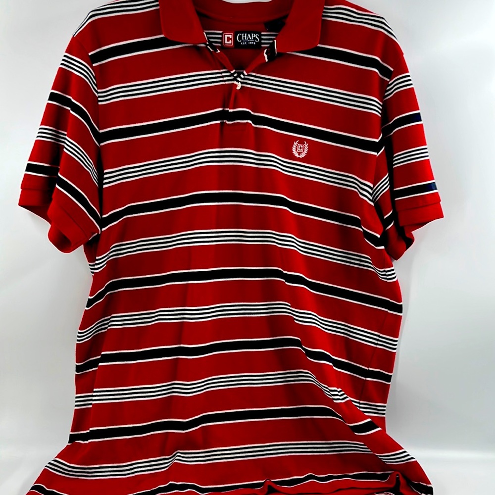 Vintage Men’s Chaps XL Polo Golf Shirt Red Blue Striped S/S Crest Logo Cotton
